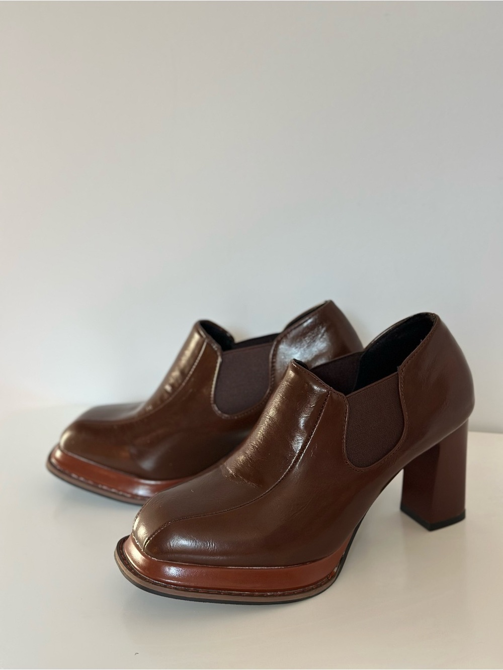 Brown Platform Ankle Booties Block Heel Square Toe Retro Slip On Chelsea Shoes